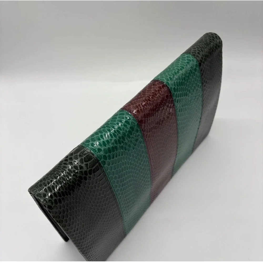 Vintage YSL Yves Saint Laurent Snakeskin Stripe Clutch Bag Green Burgundy 1970s